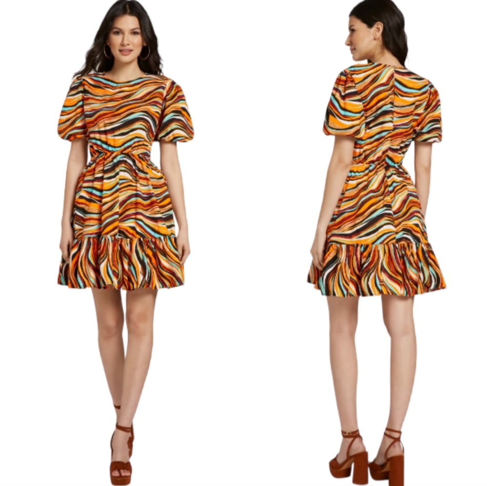 Ny & Co Multicolor Puff Sleeve Cutout waist  Ruffle Dress